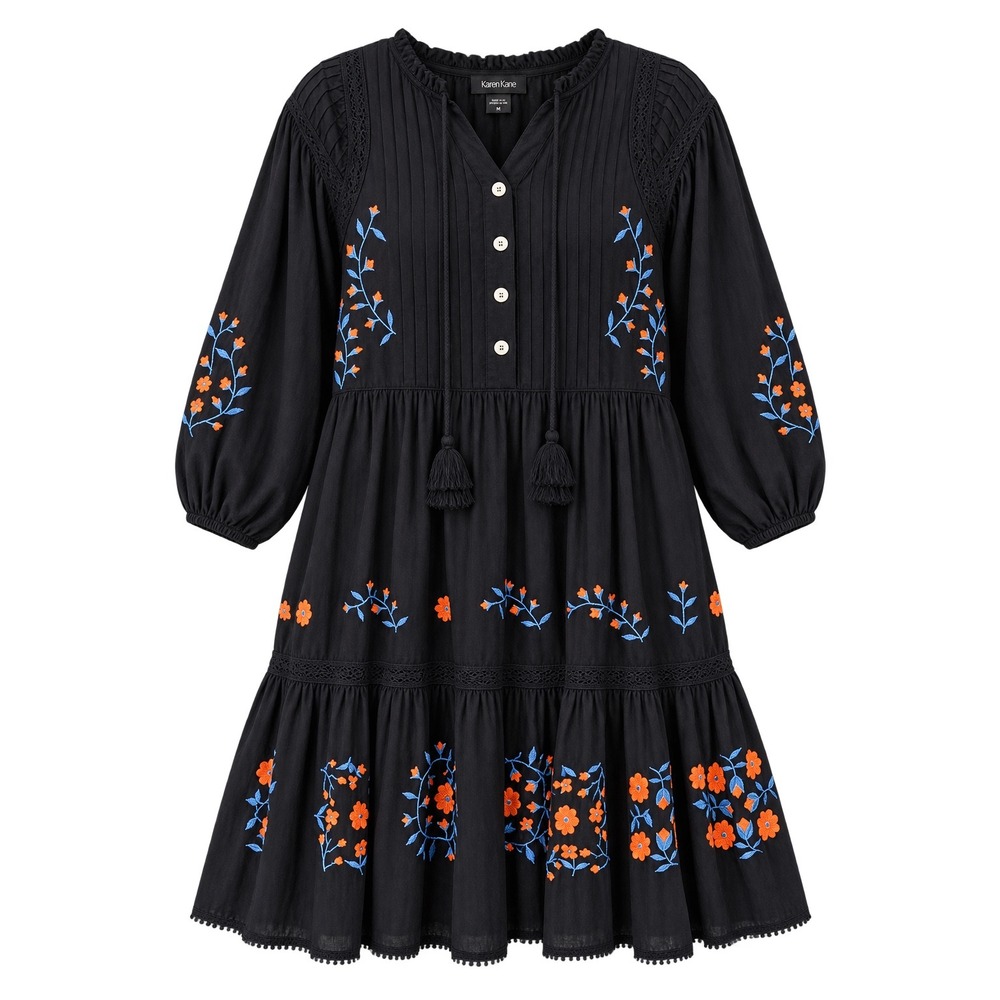 Karen Kane Embroidered Boho Dress Medium Blue Cotton Cottagecore Tiered